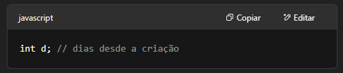 Exemplo de código com variável d pouco descritiva representando "dias desde a criação".