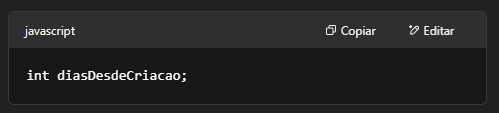 Exemplo de código limpo com nome de variável significativo diasDesdeCriacao.
