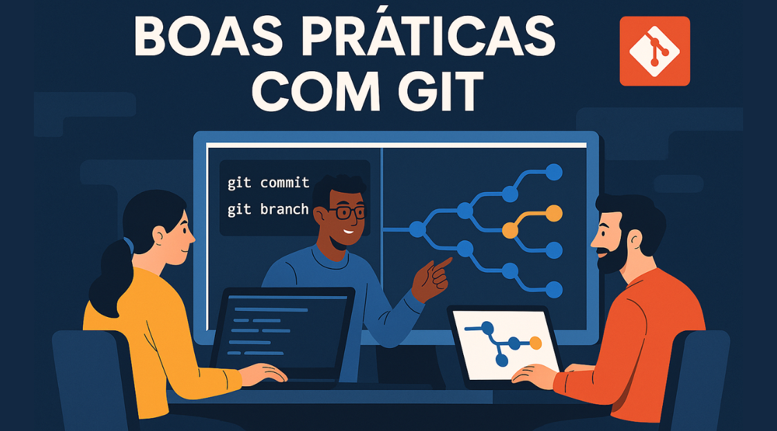 Ilustração digital de três desenvolvedores colaborando em frente a uma tela com comandos Git (git commit, git branch) e um diagrama de ramificações (branches), com o título "Boas Práticas com Git" no topo.
