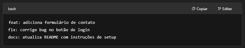 Imagem mostrando um terminal com exemplos de commits semânticos usando o padrão Conventional Commits, como feat:, fix: e docs:.