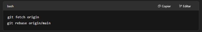 Exemplo de terminal Git mostrando o uso dos comandos git fetch origin seguido de git rebase origin/main para atualizar a branch local com um histórico linear e limpo antes de subir alterações para o repositório remoto.